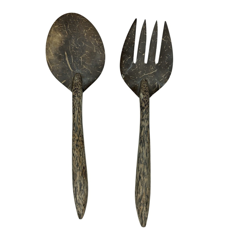 Coconut Shell Salad Utensil Serving Set Spoon Fork 9" & Ladle Spatula 14" NEW